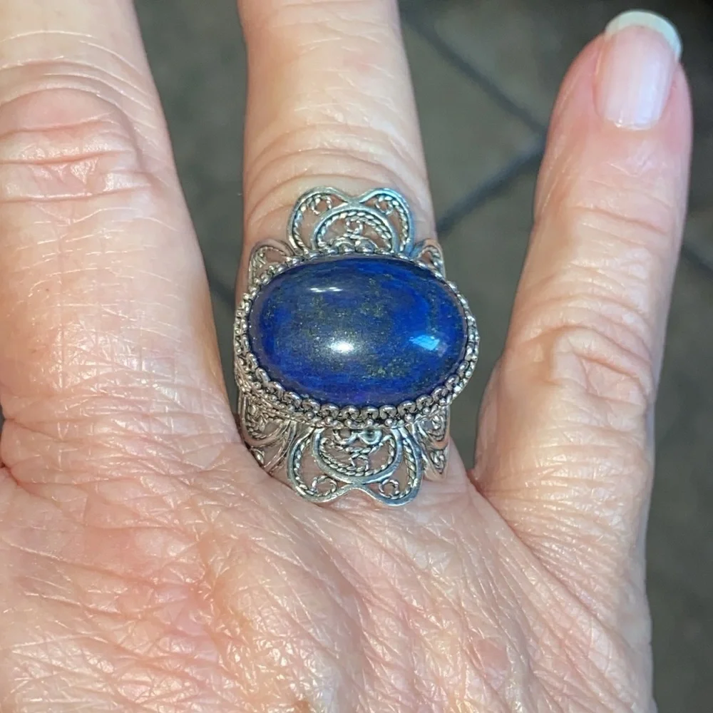 Genuine Lapis Lazuli Sterling Filigree Ring - Picture 10 of 11
